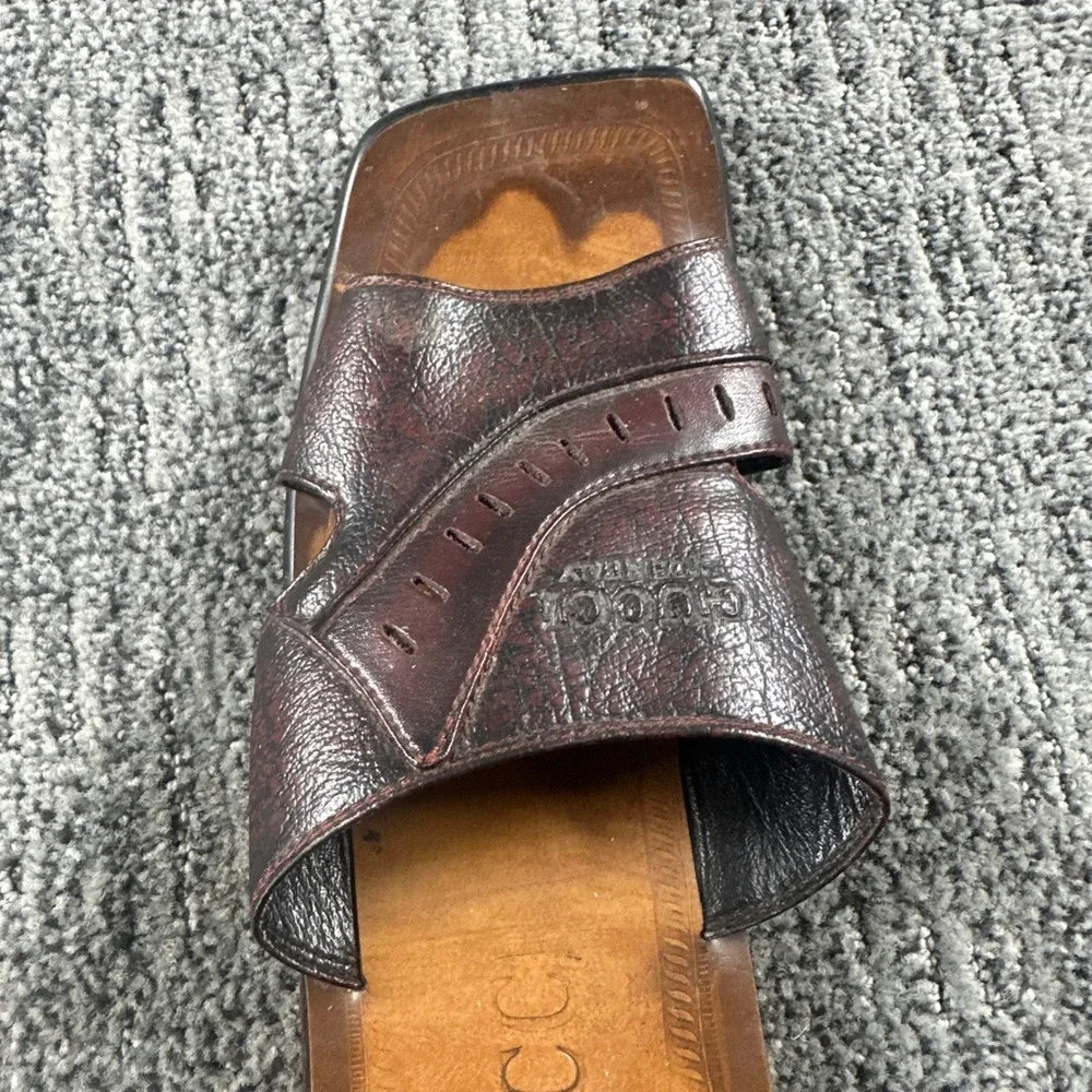 VTG Gucci Slide Sandals Mens 9 Dark Brown Leather Square Toe Made in Italy